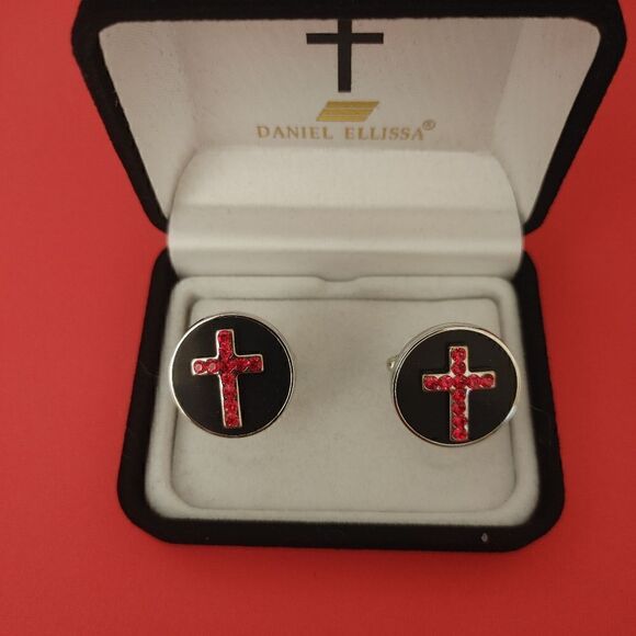 MEN'S DANIEL ELLISSA BLACK/RED CROSS RELIGIOUS CUFFLINKS. - Picture 2 of 2